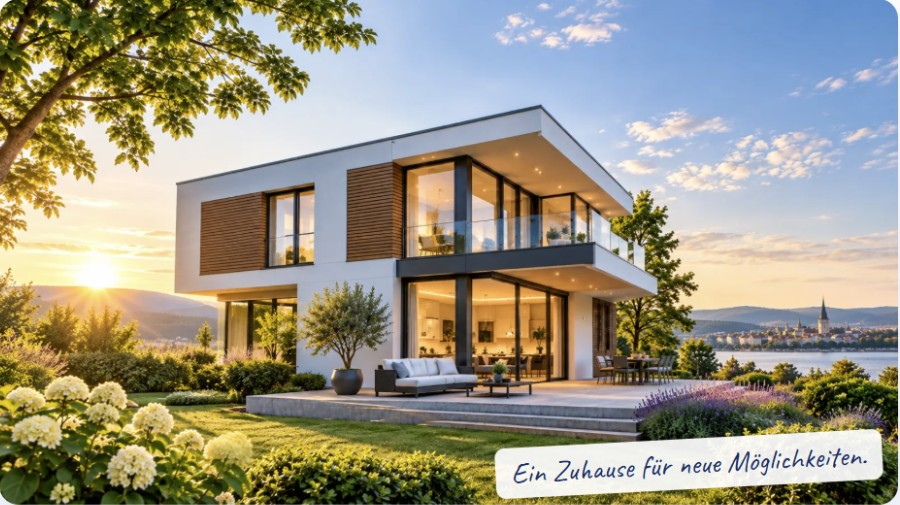 Modernes Wohnhaus mit Garten bei Sonnenuntergang